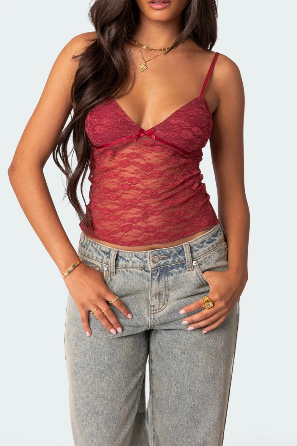 Bow Transparent Lace Tank Top