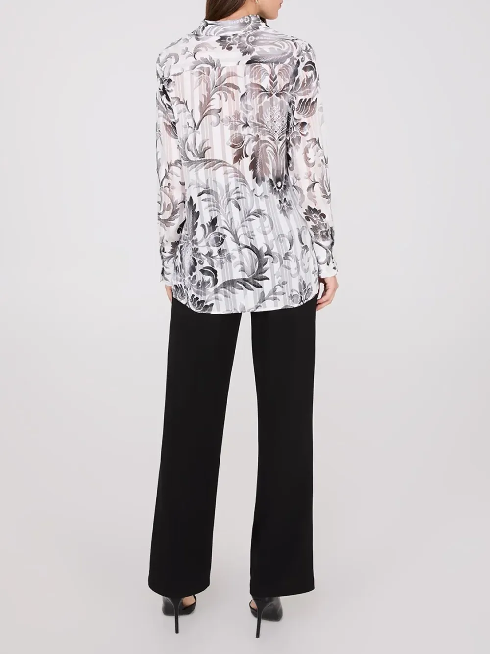 Floral Print Metallic Shadow Stripe Chiffon Blouse