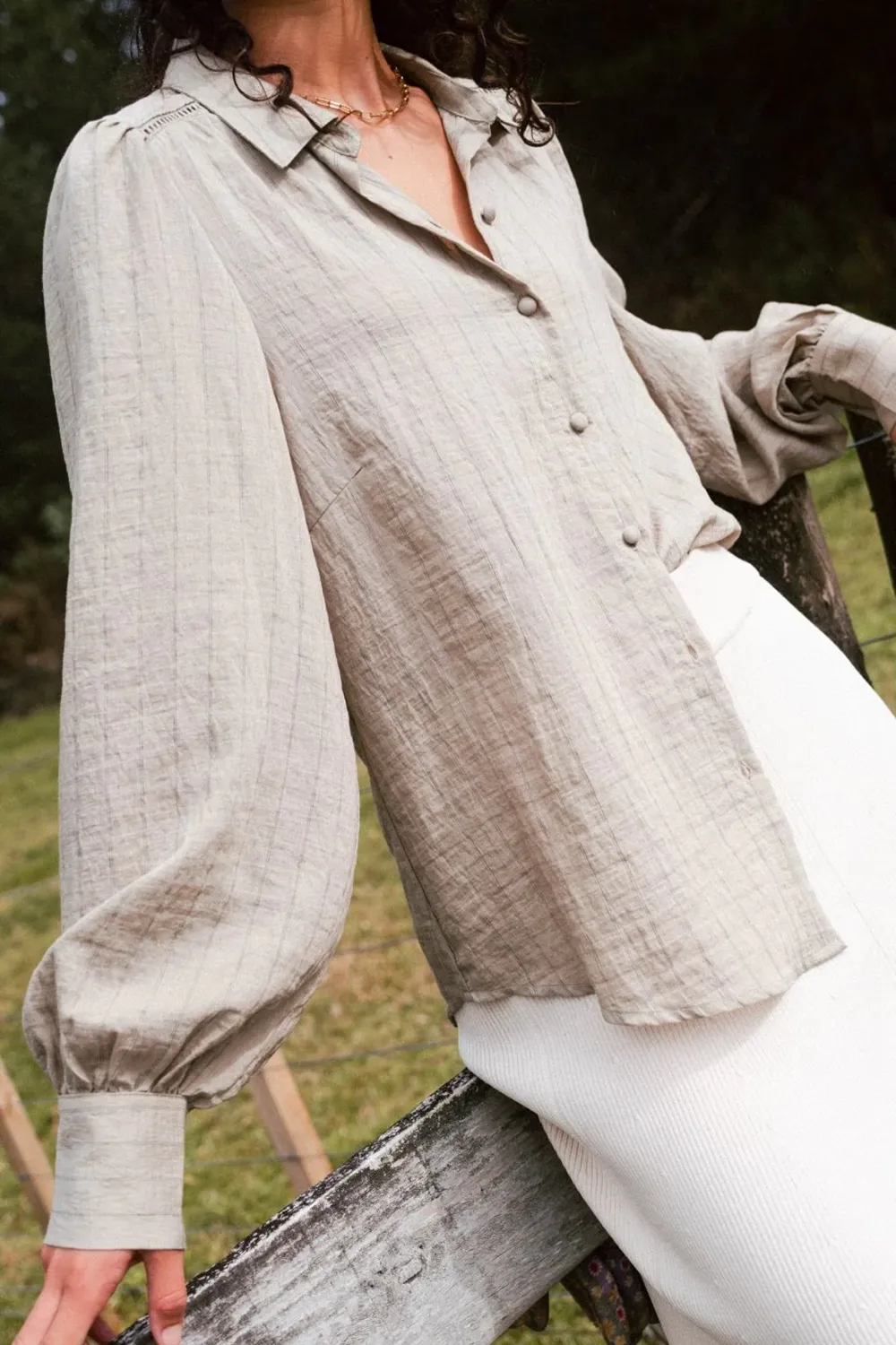 Khaki Stripe Lace Insert Blouse