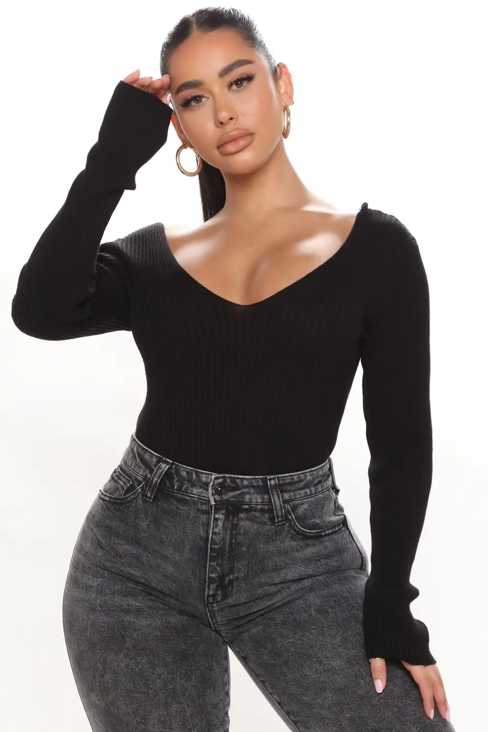 Francince Ribbed Sweater Top - Black