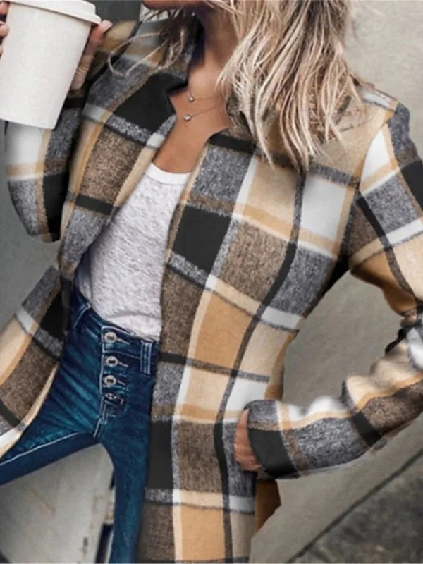 Women's Blazer Formal Pocket Plaid Windproof Streetwear Regular Fit Outerwear Long Sleeve Fall Black S