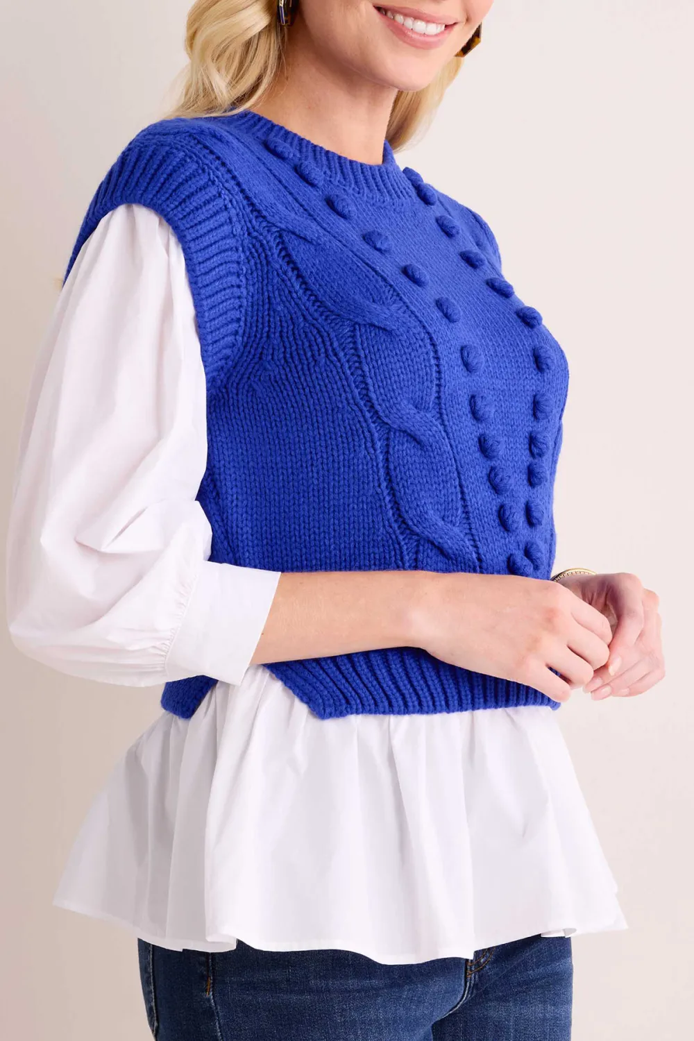 Blue Cable Knit Vest With White Top