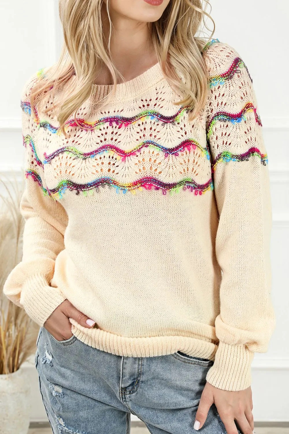 Minimalist Hollow-Out Breathable Cream Knit Sweater