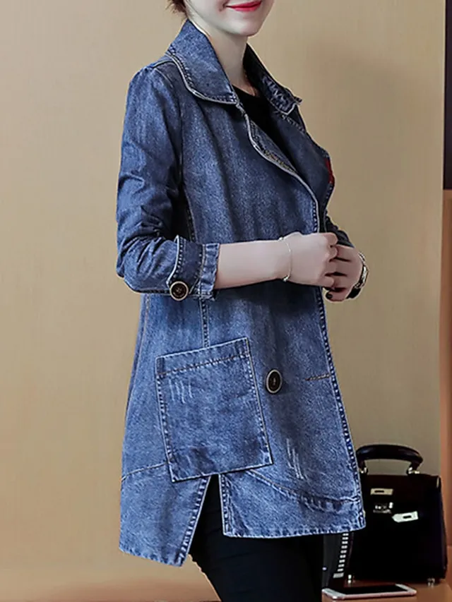 Women's Denim Jacket Regular Coat Regular Fit Warm Breathable Streetwear Elegant Jacket Spring Summer Long Sleeve Solid Color Pocket Navy Blue Outdoor Street Daily
