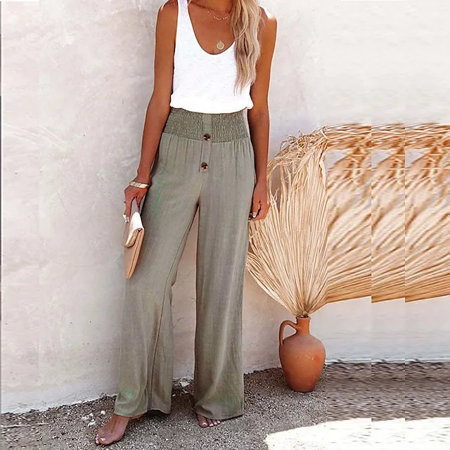 Women's Culottes Wide Leg Linen Pants Chinos Faux Linen Solid Color Baggy Full Length Micro-elastic Mid Waist Fashion Casual Weekend Black White S M Summer