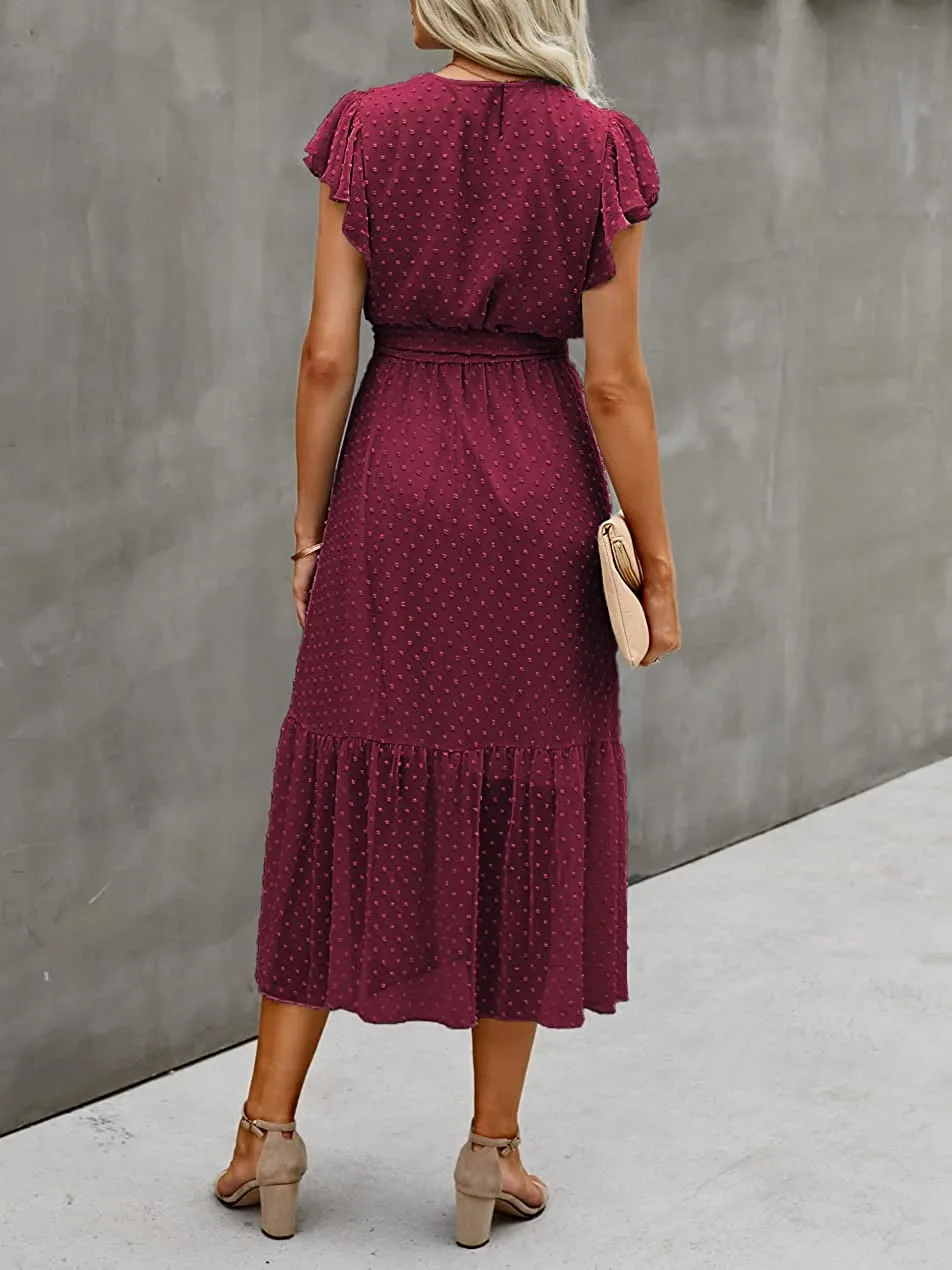 Women Summer Bohemian Floral Casual Wrap V Neck Ruffle Cap Sleeveless Belt A-Line Pleated Hem Swing Midi Sun Dress