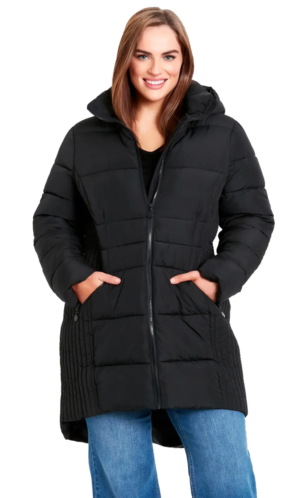 Evans Black Panelled Puffer Midi Coat