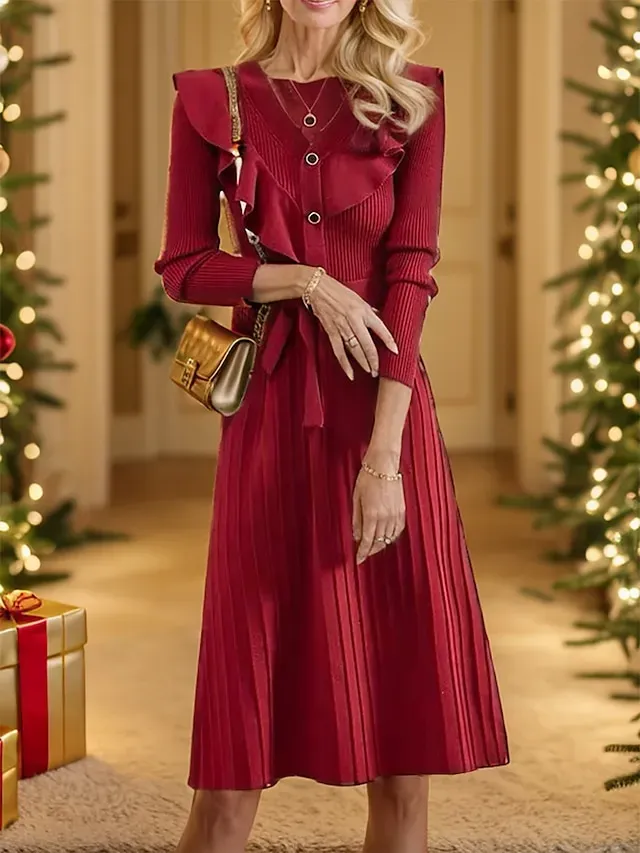 Women's Red Christmas Dress Christmas Dress Sweater Dress Midi Dress Knitwear Fashion Daily Pure Color Outdoor Christmas Daily Going out V Neck Long Sleeve Tie Front Lace up Ruched 2023 Loose Fit