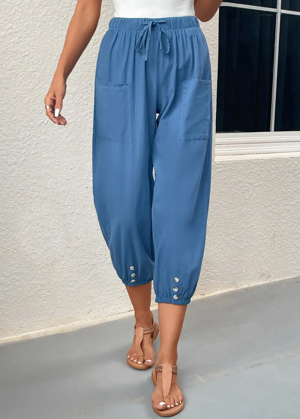 Blue Pocket Elastic Waist High Waisted Jogger Pants