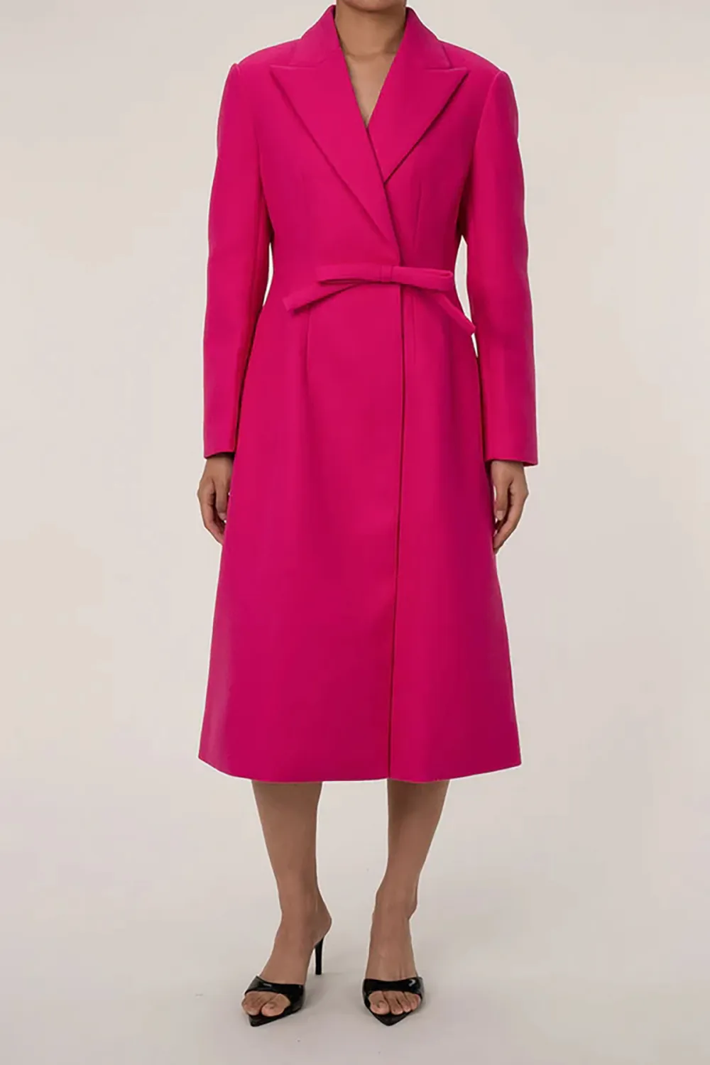 Glamorous Peak Lapel Bow Trim Long Sleeve Cinch Waist Wool Long Coat