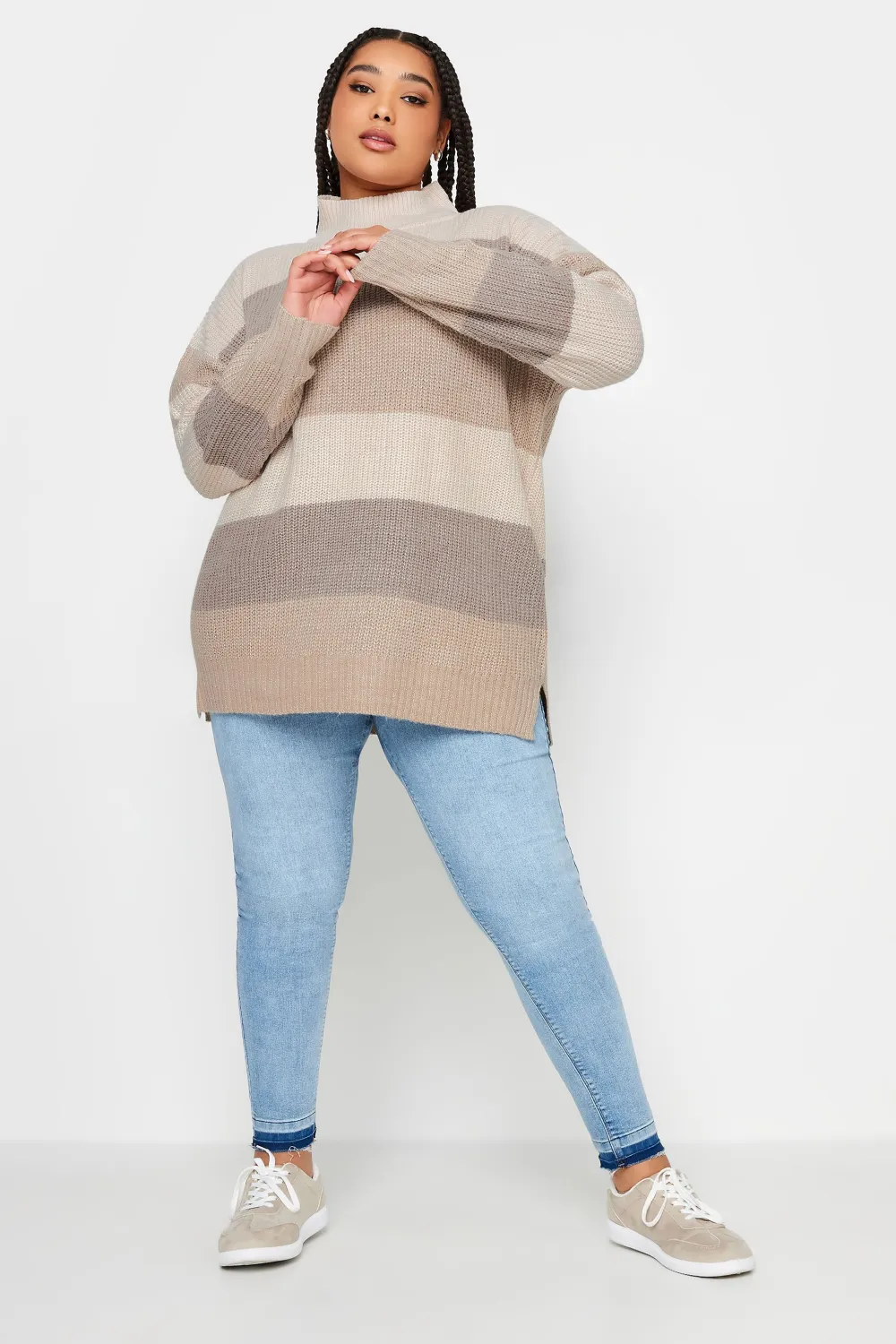 YOURS Curve Beige Brown Stripe High Neck Knitted Jumper