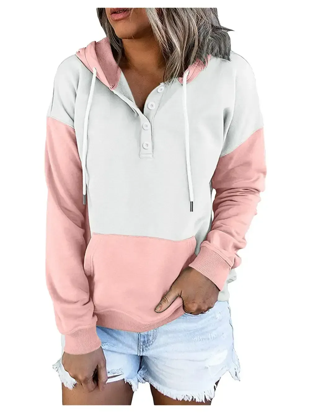 Women's Long sleeves V-neck Colorblock Stitching Hoodid Top