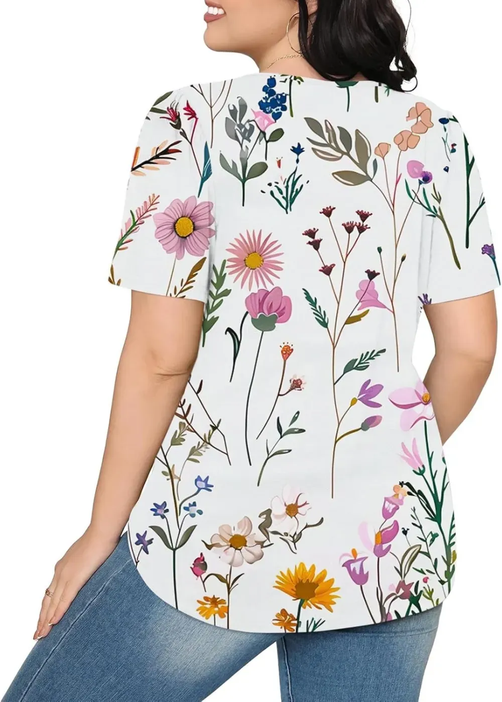 Womens Summer Pleated Front Shirts Tunics Casual Short Sleeved Loose Round Neck Boho Printed Tops Vacation Blouse