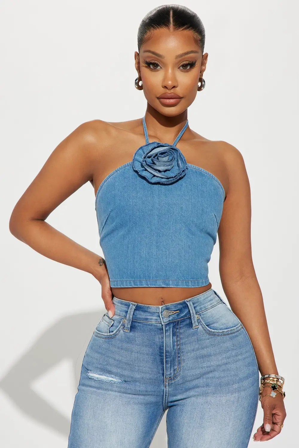 Daisy Denim Halter Top - Medium Wash