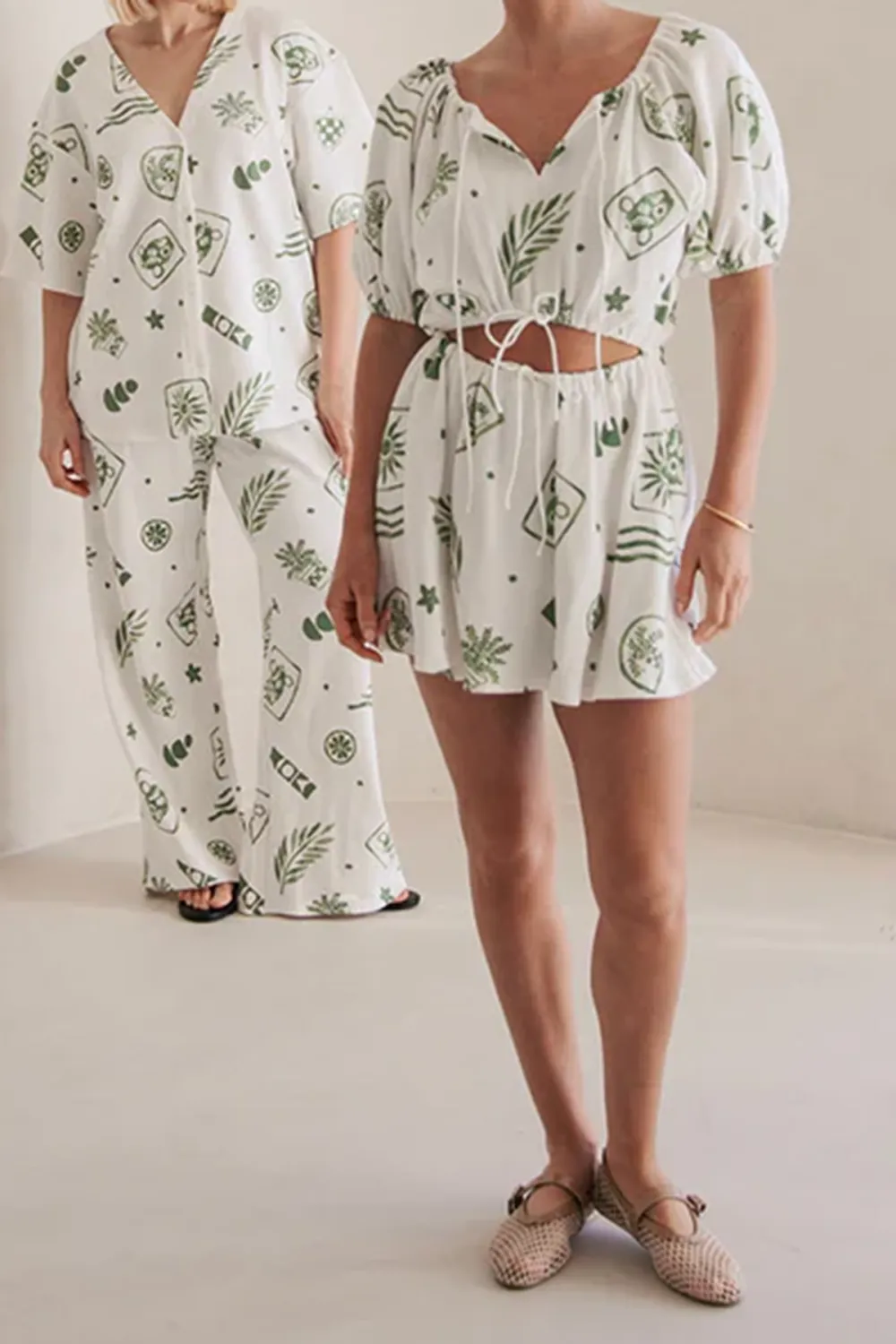 Leaf Print Short Sleeve Tie Waist Mini Dress