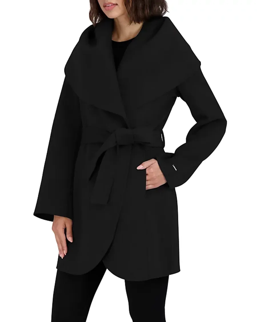 Wing Neckline Long Sleeves Belted Coat