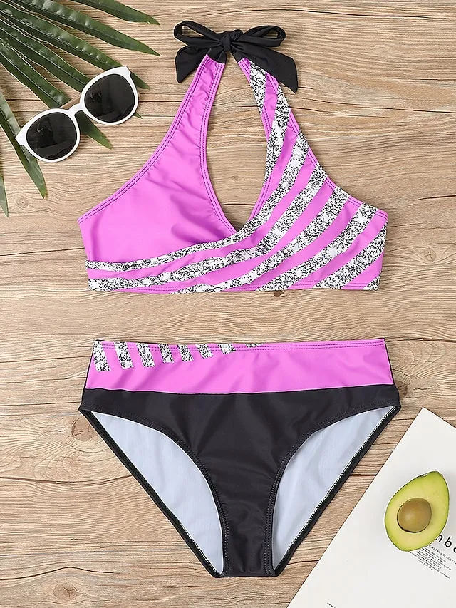 Women's Swimwear Bikini Plus Size Swimsuit 2 Piece Stripe Striped Black Burgundy Blue Lavender Purple Bandeau Bathing Suits Sports Push Up Summer