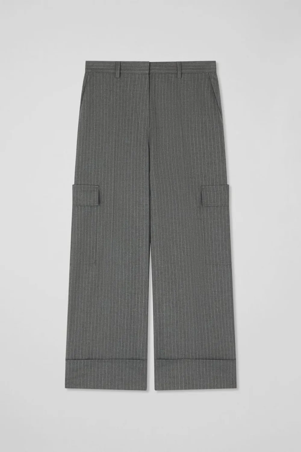 Grey Striped Cropped Wide Leg Trousers