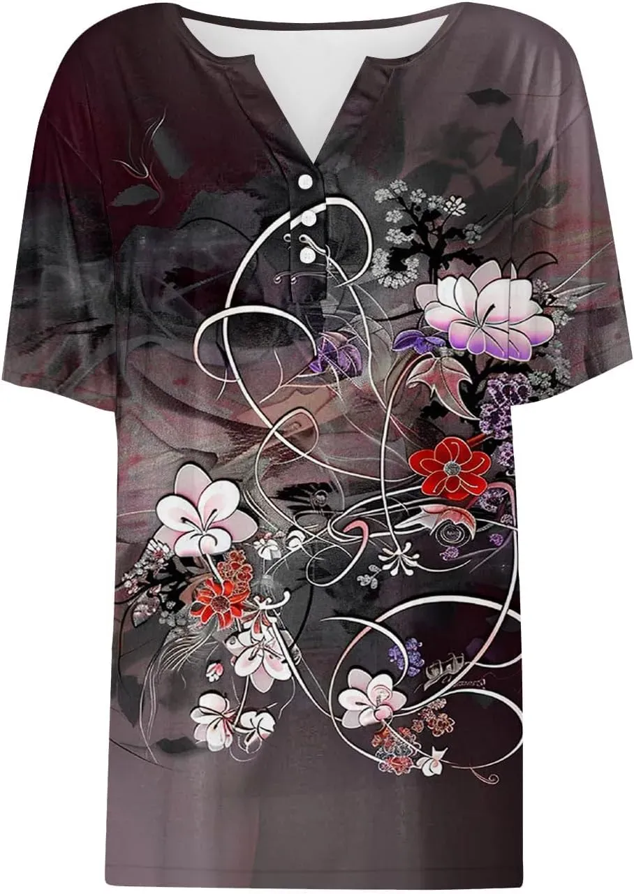 Shirts for Women Casual Printed Summer Tops Short-Sleeved Button V-Neck Tops Blouse Fashion Boho T-Shirts