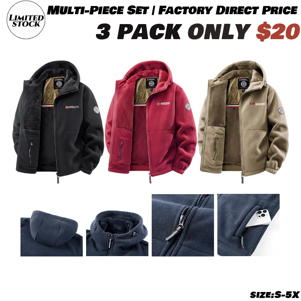 Men'S Outdoor Heavyweight Fleece Jacket - Double-Sided Warm Hooded Coat With Full Zip, Multi Pockets & Machine Washable Polyester For Camping Hiking Casual Wear