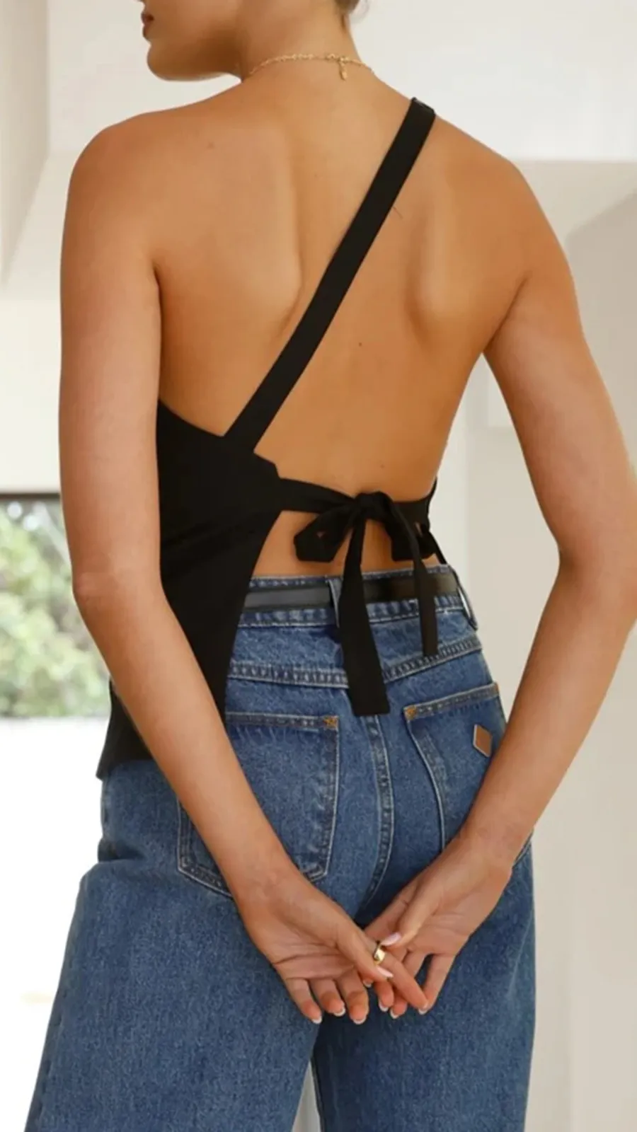 Slant Collar Hollow Back Top