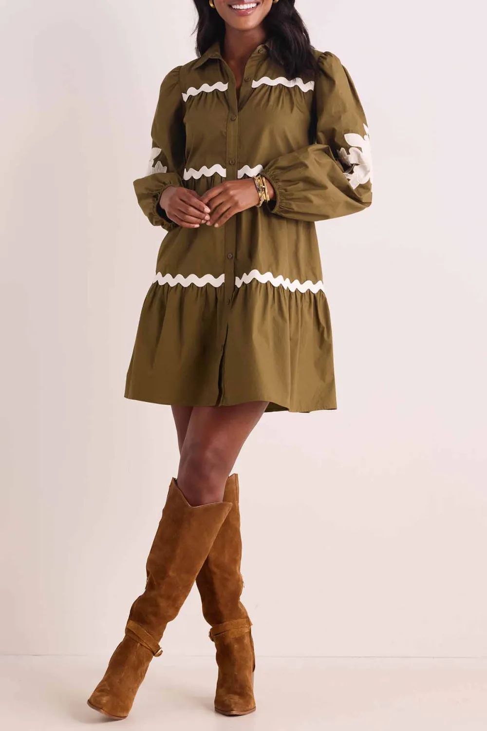 Olive Green Scallop Trim Long Sleeve Tiered Dress