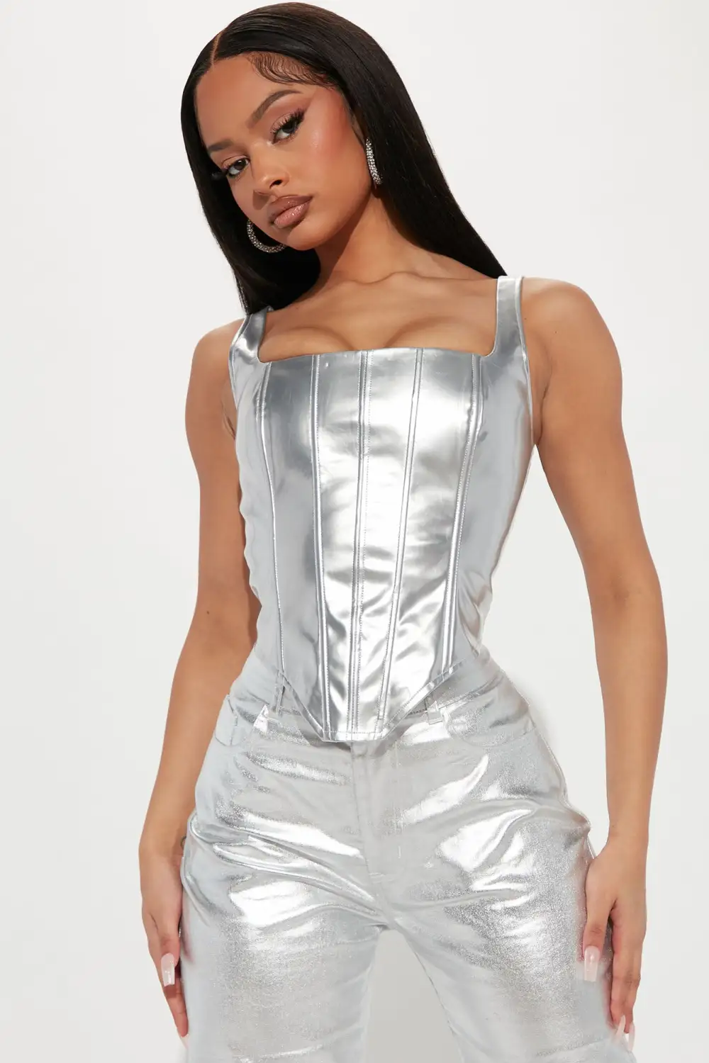 She's Iconic Metallic Corset Top - Silver