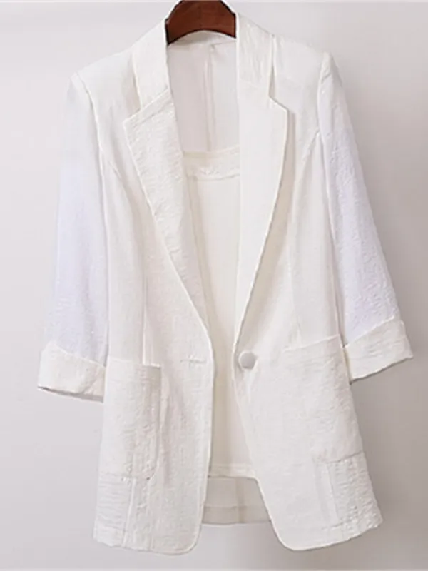 Women's Blazer Outdoor Office Office / Career Spring Summer Fall Regular Coat Regular Fit Breathable Basic Simple Modern Style Jacket 3/4 Length Sleeve Solid Color Pure Color with Pockets White Black