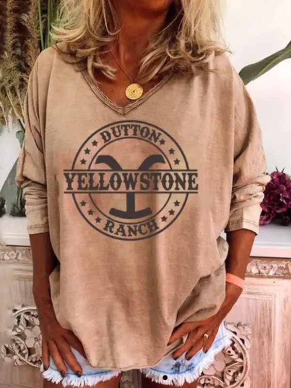 Women's T-Shirts Loose Print V-Neck Long Sleeve T-Shirt(⚡Clearance Sale)