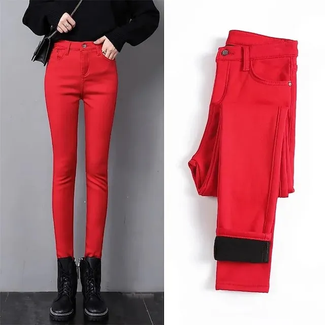 Women‘s Fleece Pants Tights Flannel Trousers lined Blue Purple Wine High Waist Fashion Office Causal Side Pockets High Elasticity Full Length Thermal Warm S M L XL XXL