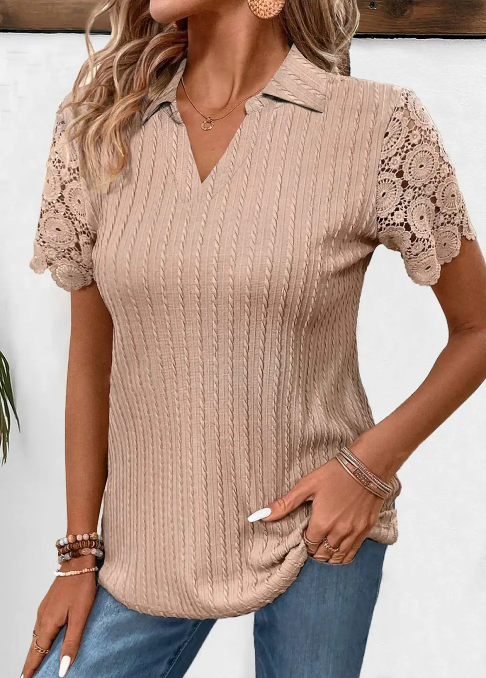 Light Coffee Lace Short Sleeve Shirt Collar Blouse