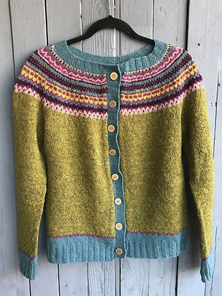 Vintage Tribal Rainbow Button Down Jacquard Comfy Sweater
