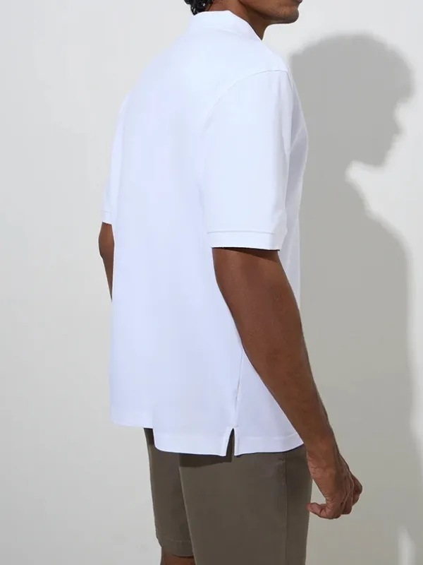 White Loose Cotton-Blend Polo T-Shirt