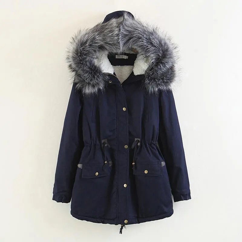 Faux Fur Collar Pockets Drawstring Women Parka Jacket Oversized Coat