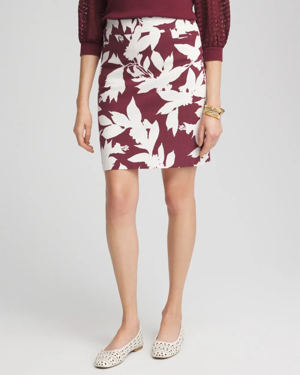 Maroon and White Floral Print Mini Skirt