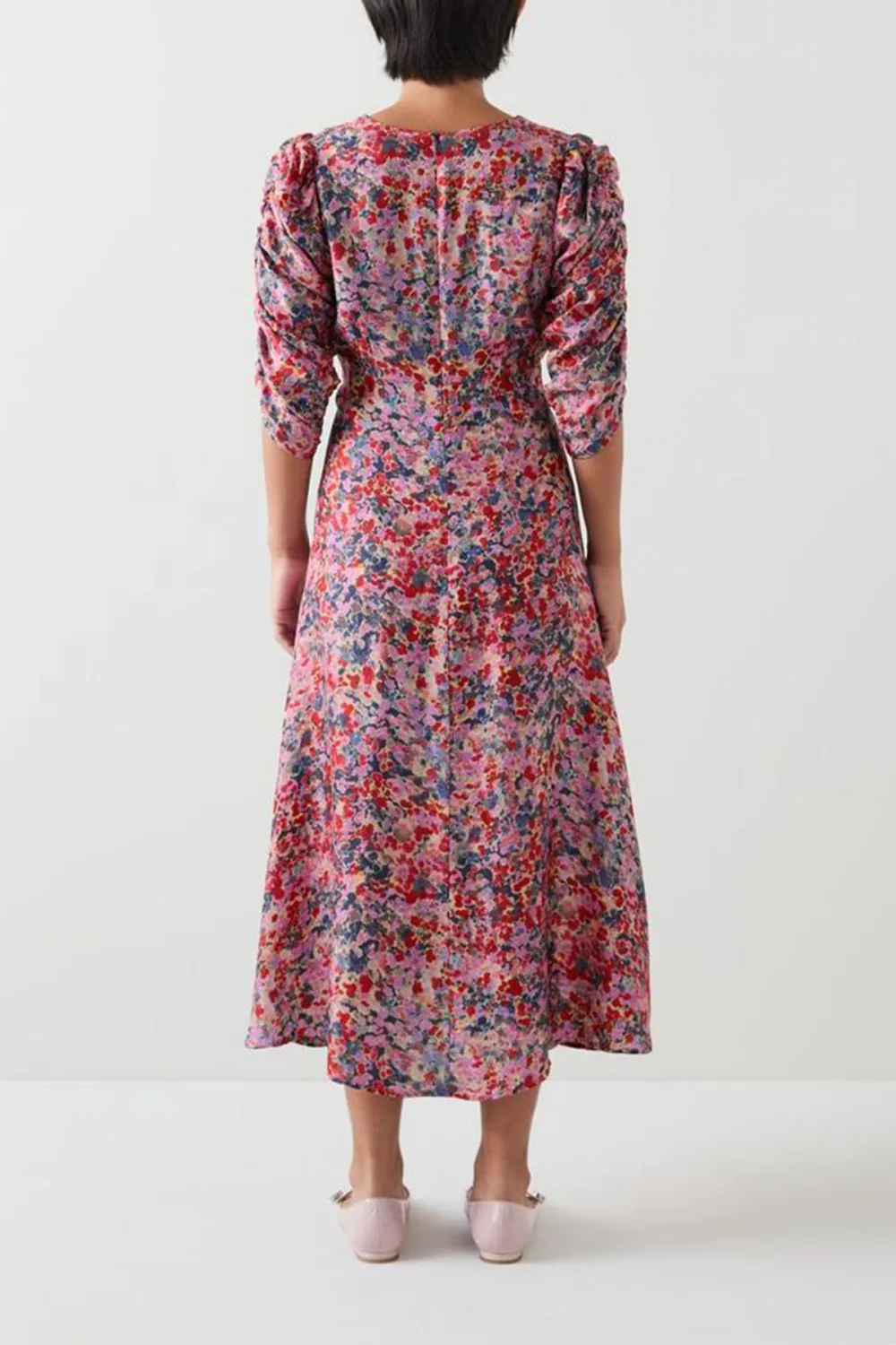 Pink Floral Print V Neck Midi Dress