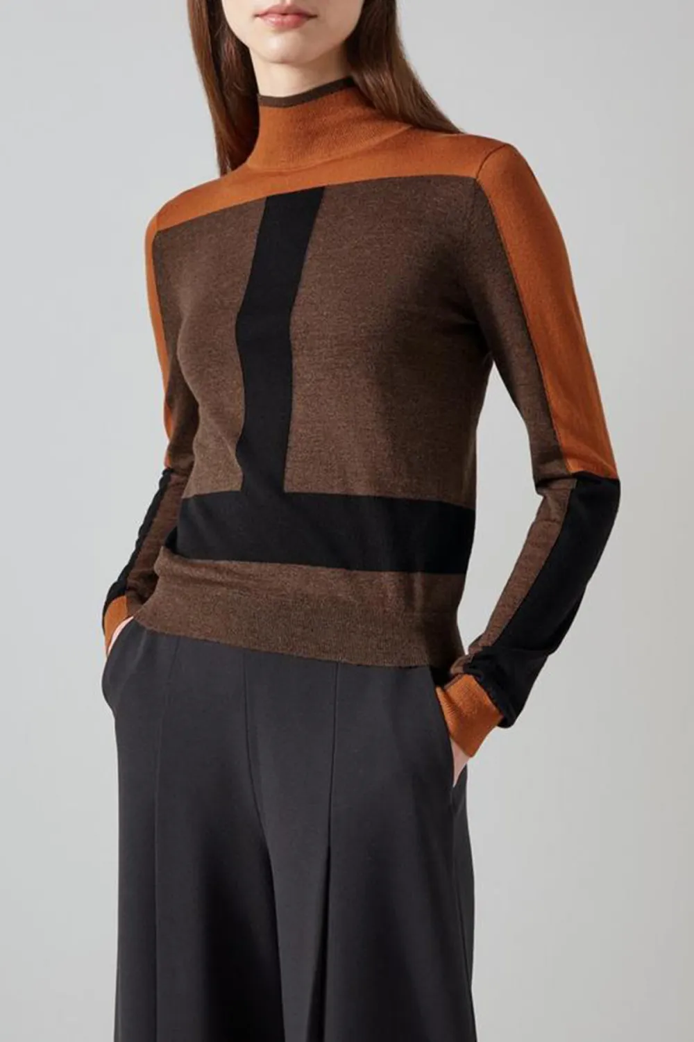 Brown Toned Color Blocked Turtleneck Knit Top