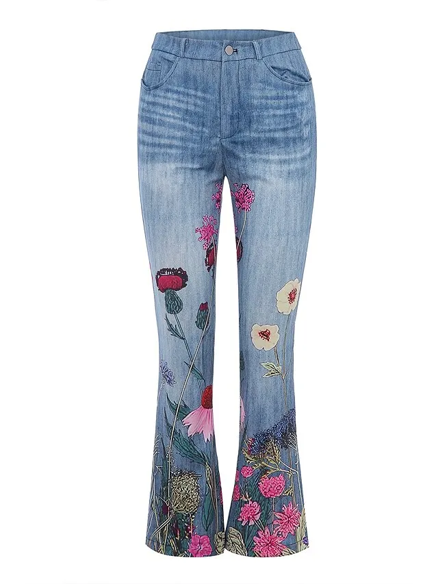 Women's Bootcut Flared Pants Bell Bottom Grey Fashion Casual Daily Full Length Flower / Floral XXL