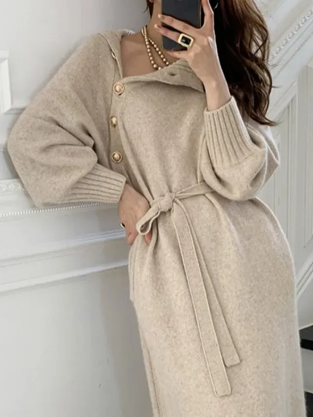Women's Sweater Dress Jumper Dress Winter Dress Knee Length Dress Knitwear Stylish Mature Pure Color Outdoor Winter Dress Holiday Weekend Turtleneck Long Sleeve Tie Front Button Knit 2023 Loose Fit