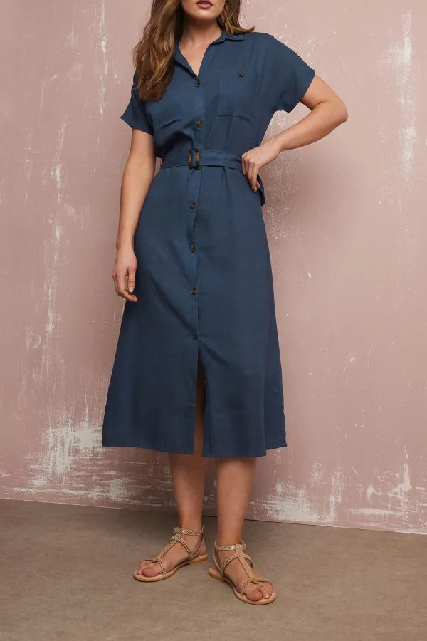 Navy Blue Linen Button Casual Style Dress