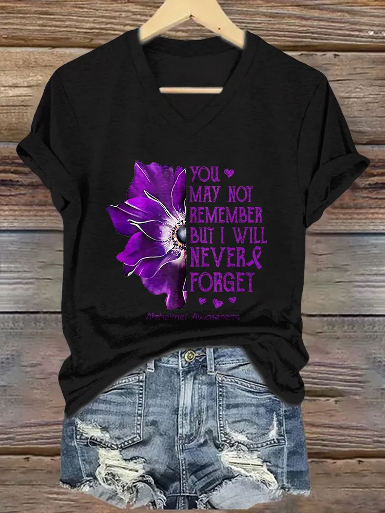 Women'S You May Not Remember But I Will Never Forget Alzheimer'S Awareness V-Neck T-Shirt