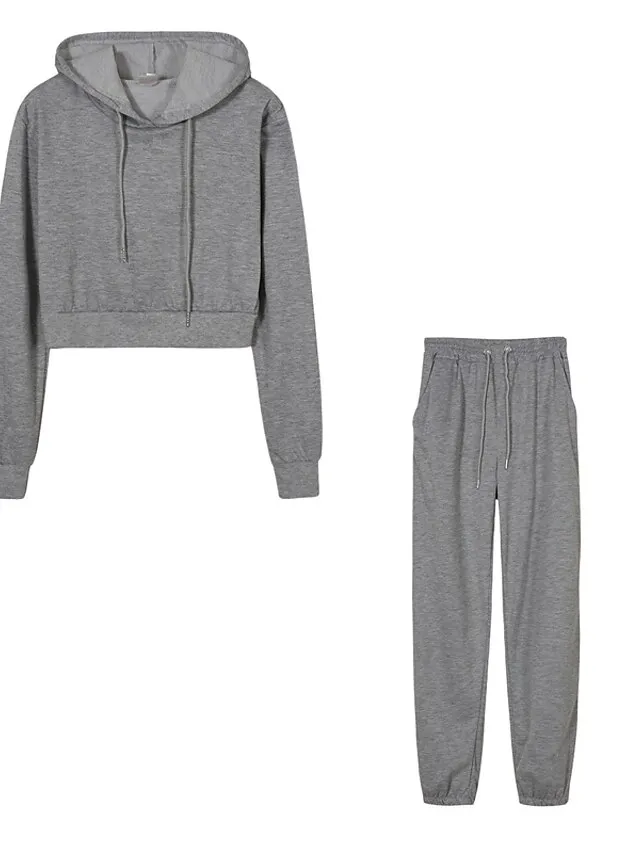 Women's Crop Top Hoodie Tracksuit Pants Sets Solid Color Black White Brown Patchwork Drawstring Long Sleeve Causal Sportswear Hooded Regular Fit Fall & Winter