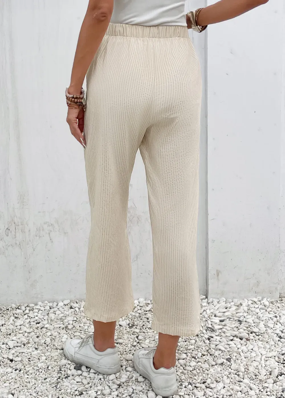 Beige Pocket Elastic Waist High Waisted Pants