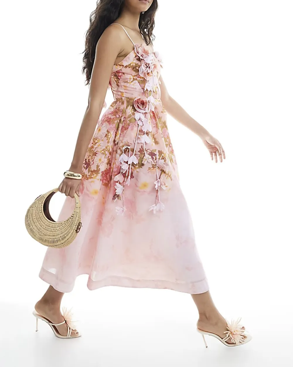 Women's Pink 3D Floral Midi Dresses
