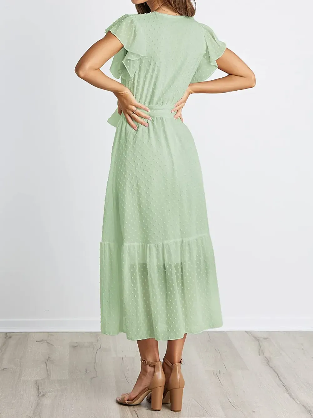 Women Summer Bohemian Floral Casual Wrap V Neck Ruffle Cap Sleeveless Belt A-Line Pleated Hem Swing Midi Sun Dress