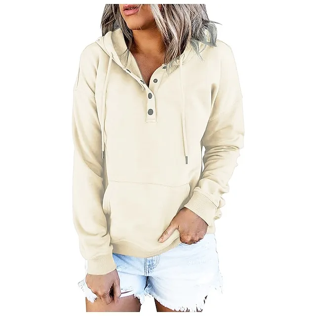 Hoodie Women's Wine Red Black Pink Solid Colored Button Pocket Street Daily Daily Basic Hooded S