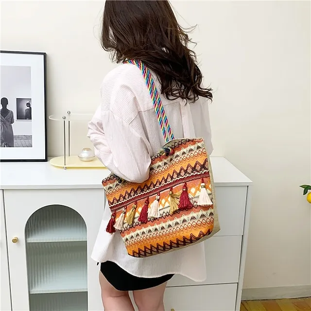 Women's Tote Shoulder Bag Hobo Bag Straw Bag Polyester Holiday Beach Tassel Zipper Large Capacity Breathable Lightweight Color Block Patchwork Folk Red Blue Orange