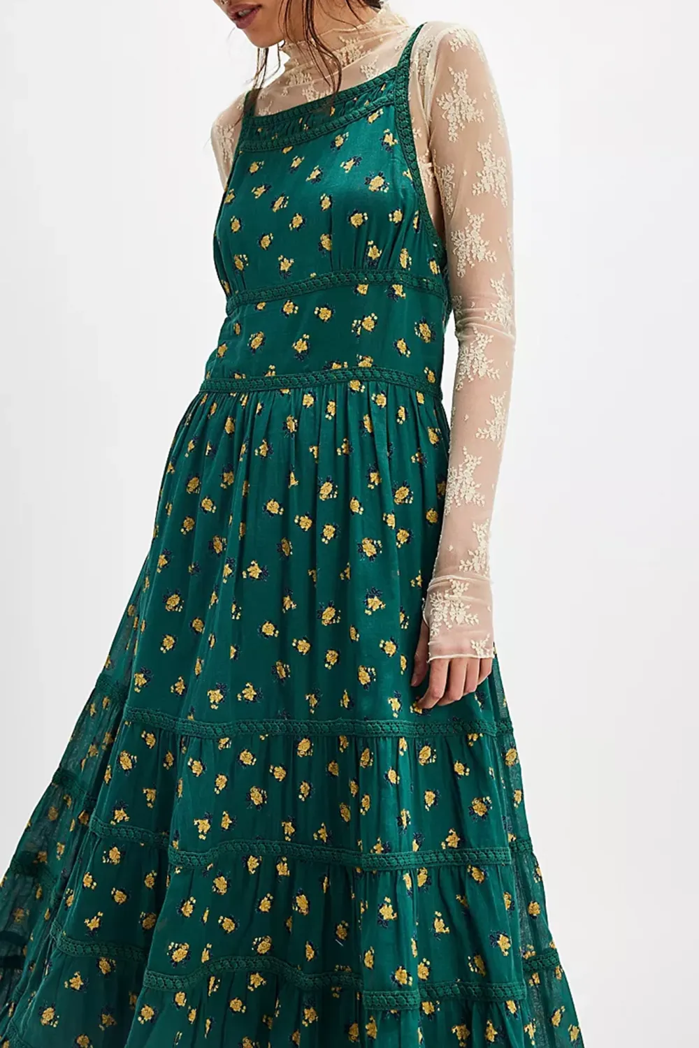 Long Sleeve Floral Print Tiered Midi Dress