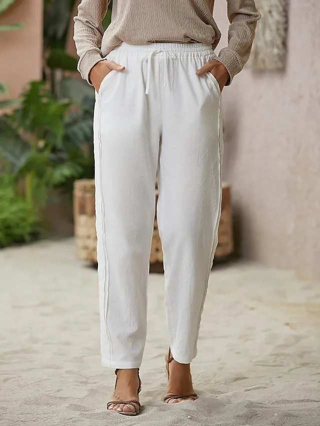 Women's Linen Pants Pants Trousers Baggy Faux Linen Plain Side Pockets Baggy Ankle-Length Fashion Casual Daily Black White S M