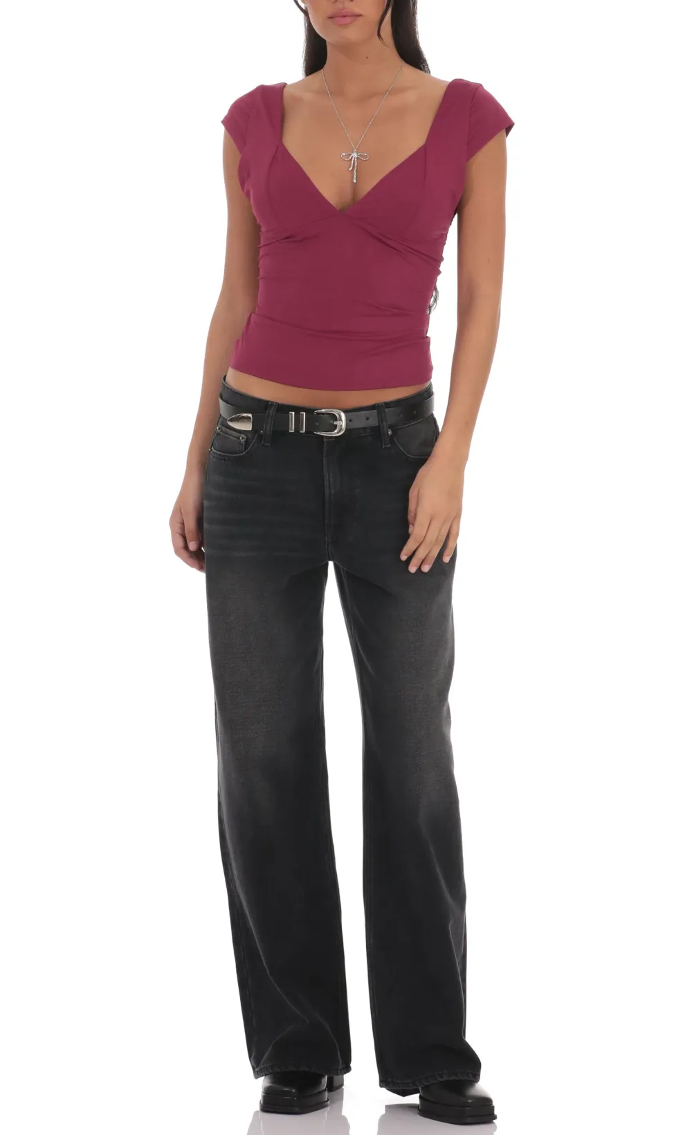 Short Sleeve V-Neck Top in Plum